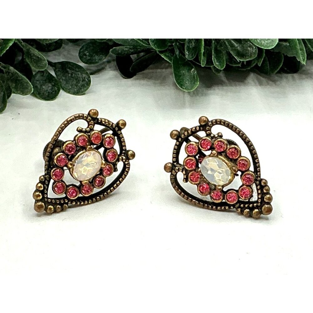 Vintage Inspired Opal and Pink Rhinestone Antique Bronze Screw back Earrings